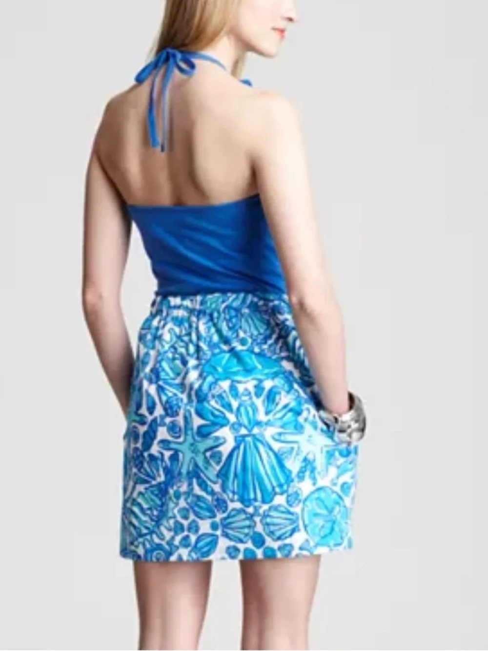 Lilly Pulitzer Blue Halter Ruffle Seashell Print Cotton Dress Size S